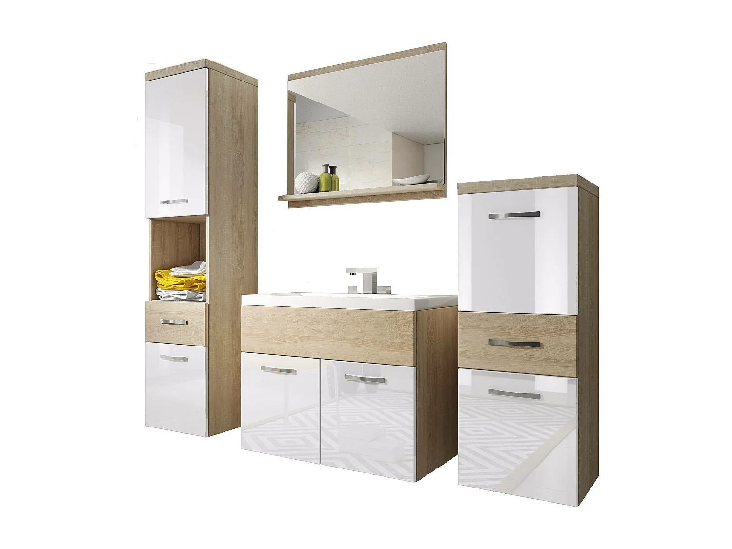 MINIO go for it, Meble łazienkowe ALBECK w kolorze dąb sonoma / biały połysk