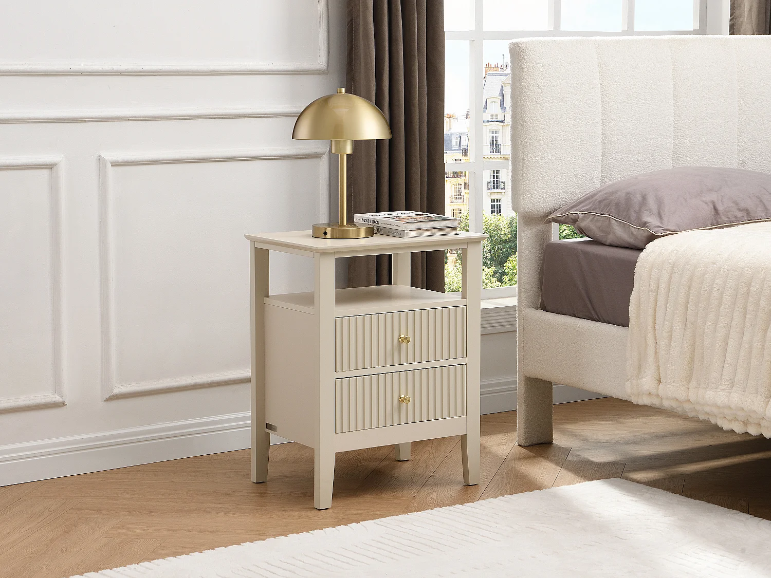 Table de chevet 2 tiroirs et 1 tablette - MDF - Beige - NIRIVA