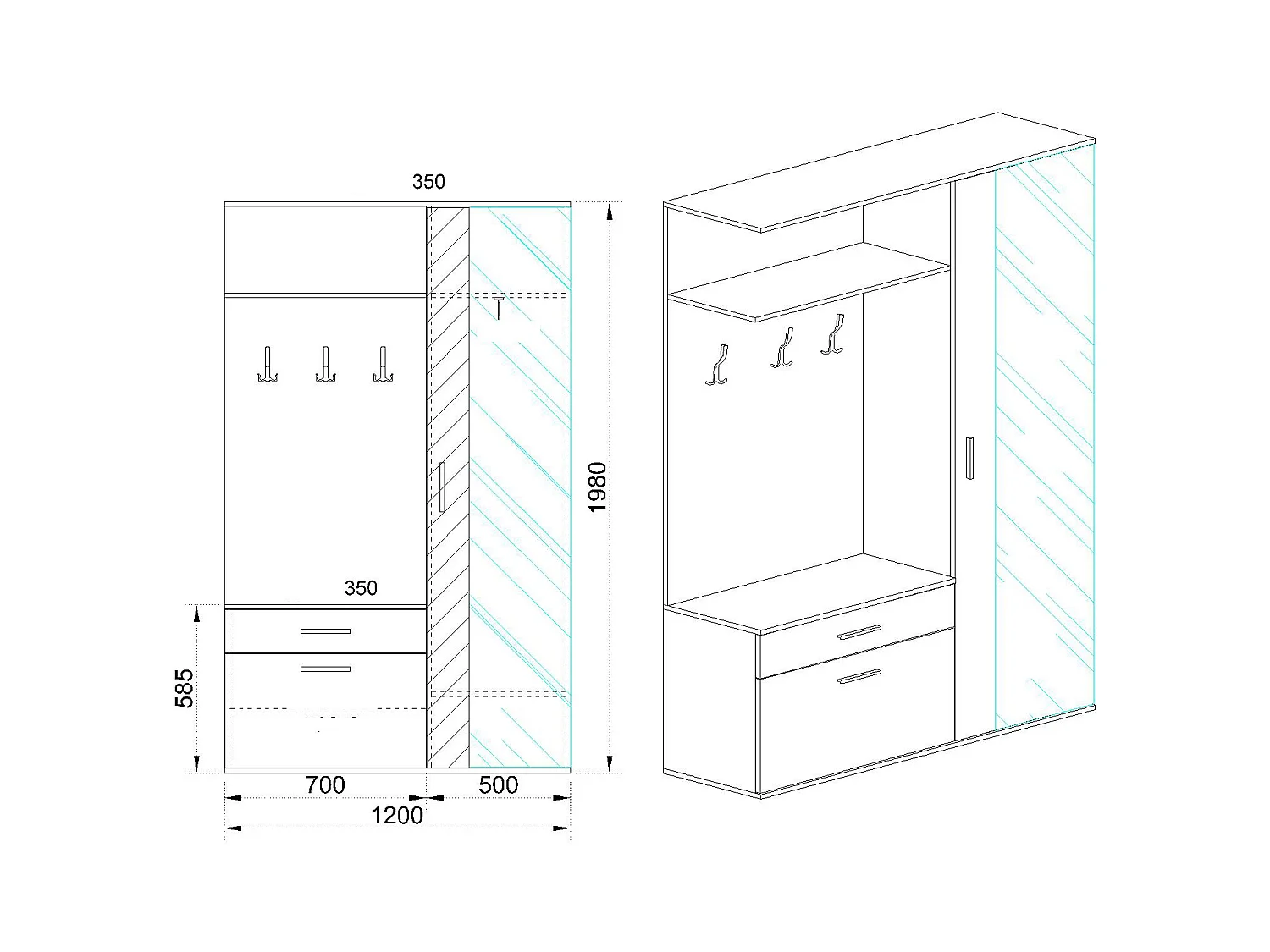 Mobile effetto legno per ingresso con specchio 120x198 rovere chiaro II3