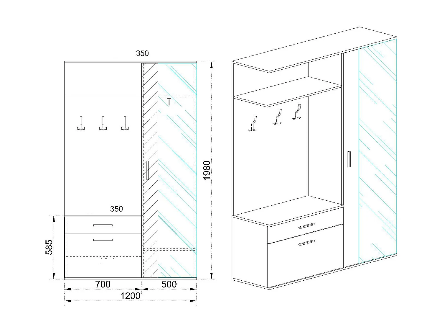 Mobile effetto legno per ingresso con specchio 120x198 rovere chiaro II3