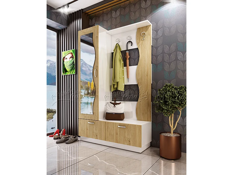 Mobile per ingresso con specchio 120x190 rovere e bianco lucido IU22