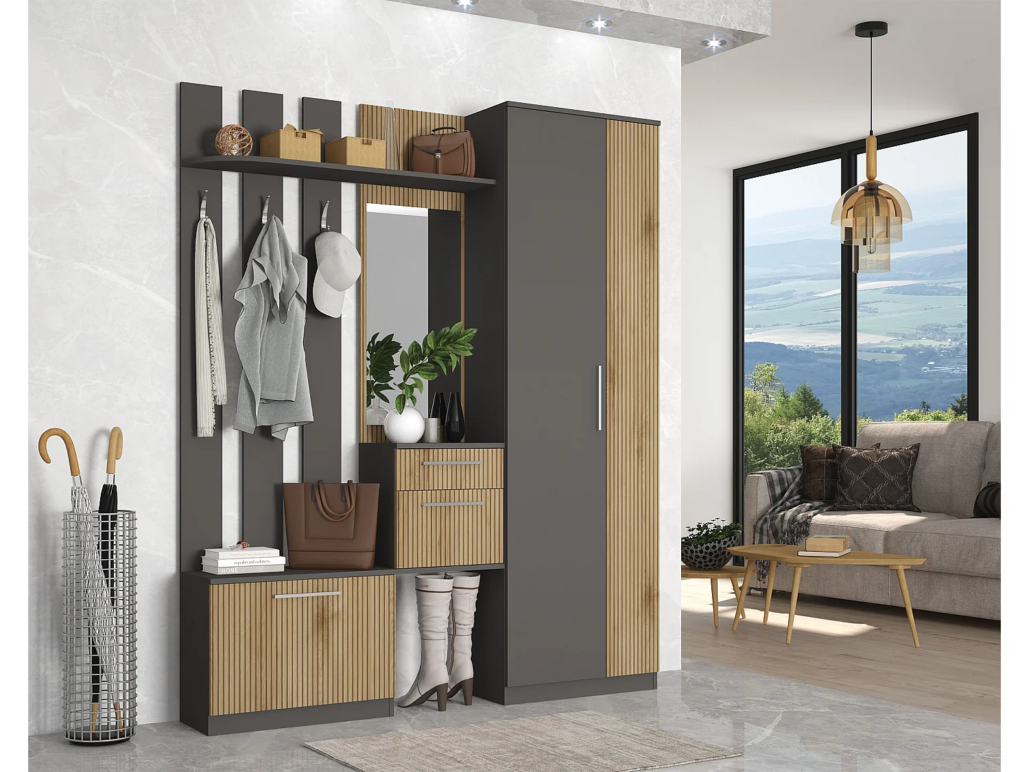Mobile ingresso moderno con specchio grigio grafite e rovere IG3