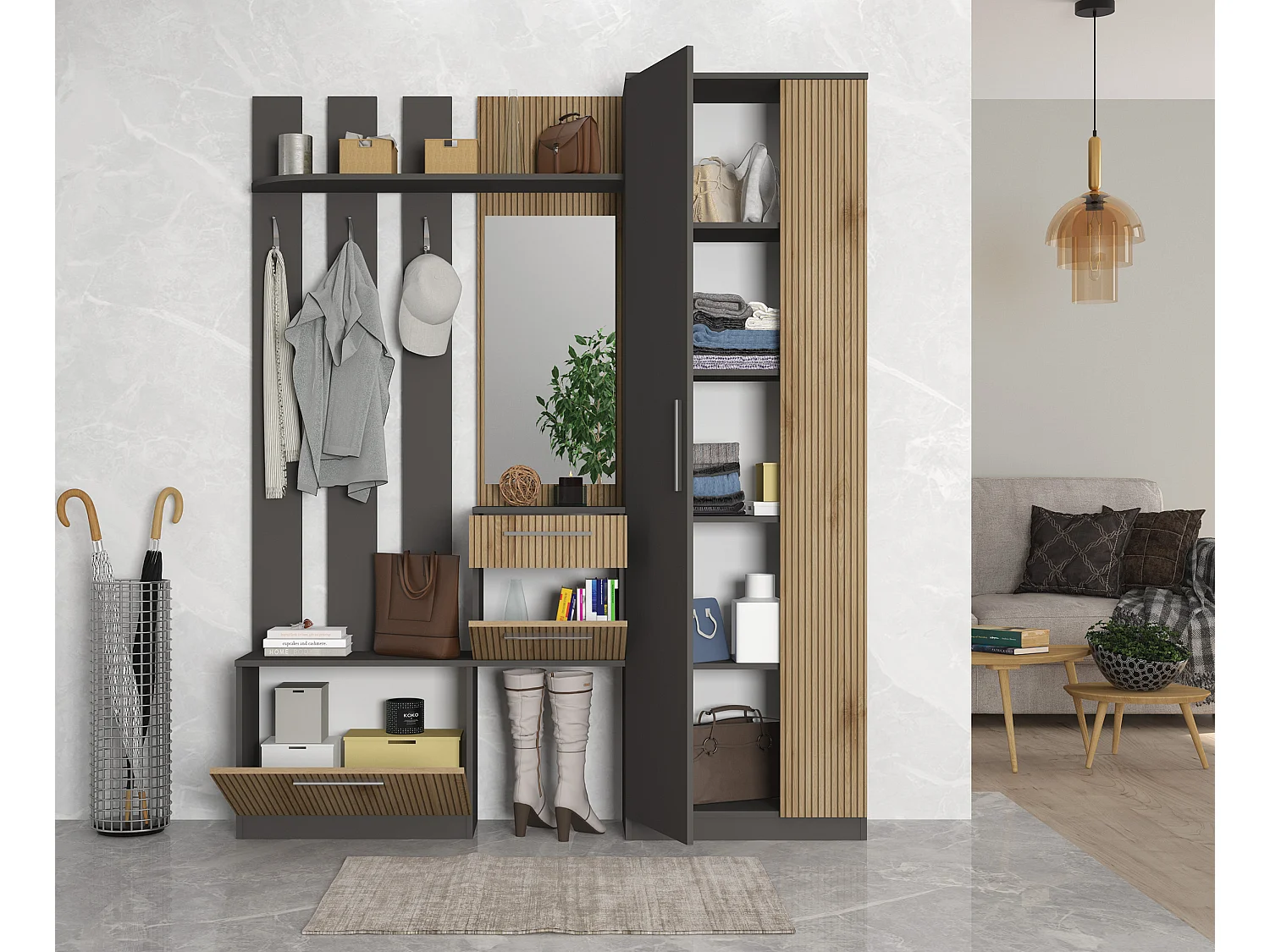 Mobile ingresso moderno con specchio grigio grafite e rovere IG3