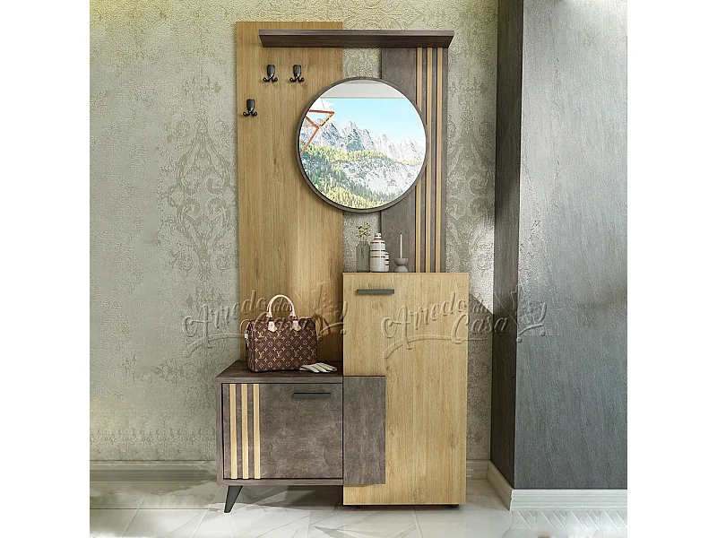 Mobile ingresso moderno con specchio a parete 90x193 cemento e quercia dorata IU29