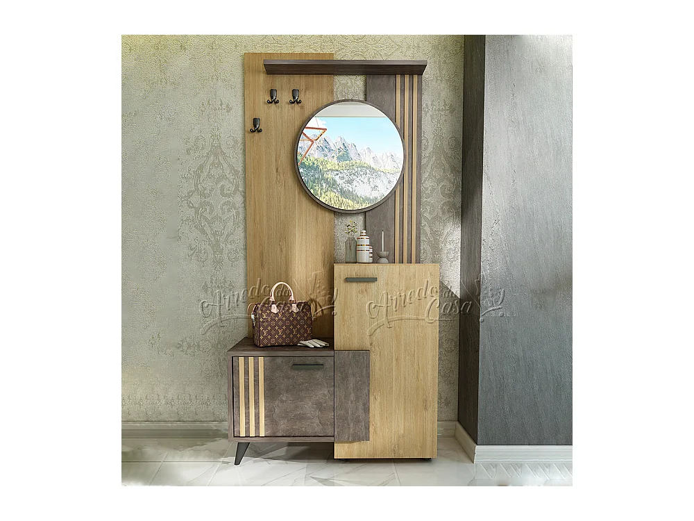 Mobile ingresso moderno con specchio a parete 90x193 cemento e quercia dorata IU29