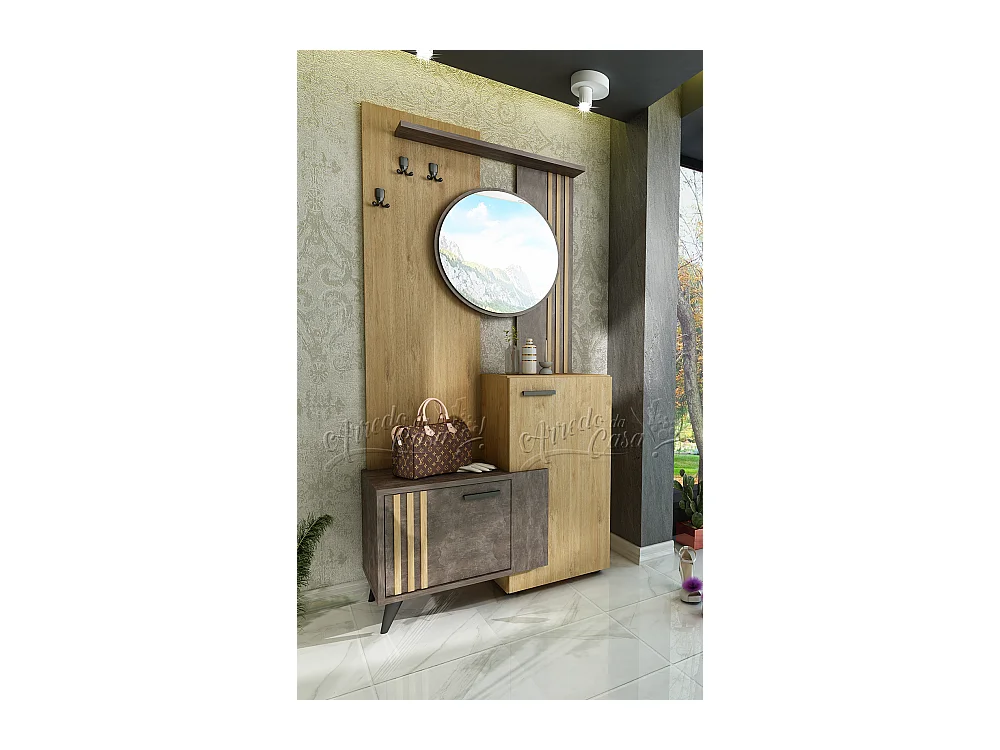 Mobile ingresso moderno con specchio a parete 90x193 cemento e quercia dorata IU29