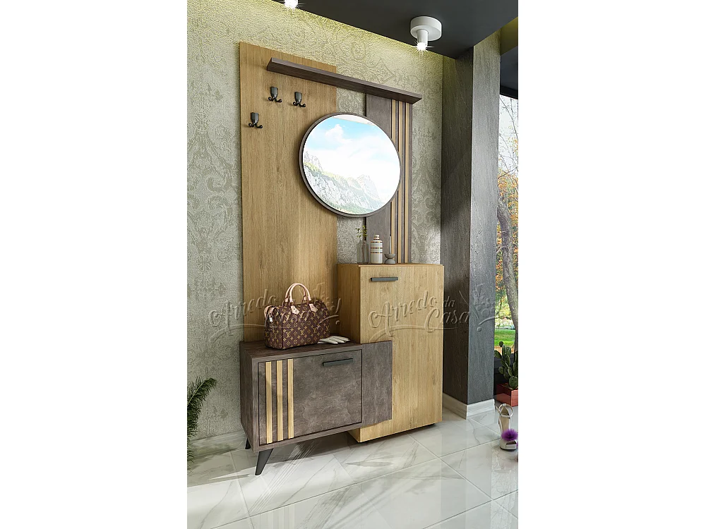 Mobile ingresso moderno con specchio a parete 90x193 cemento e quercia dorata IU29