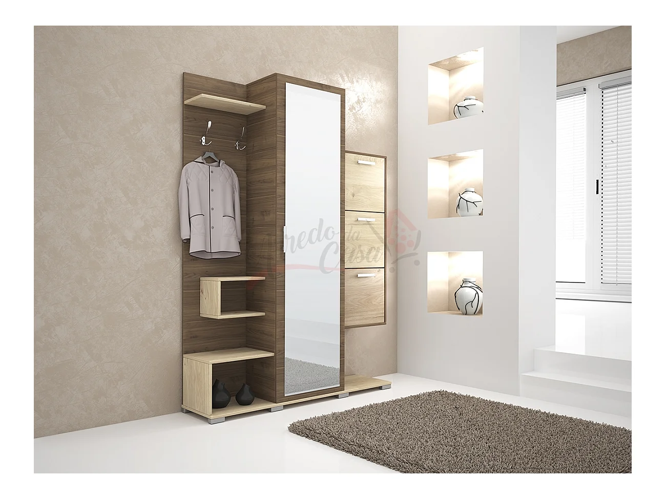 Mobile da ingresso con cassetti sospesi 130x185,5 rovere scuro e rovere chiaro II4038