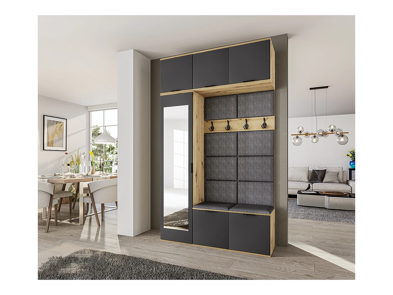 Mobile per ingresso design moderno appendiabiti 135x23 antracite e rovere II16
