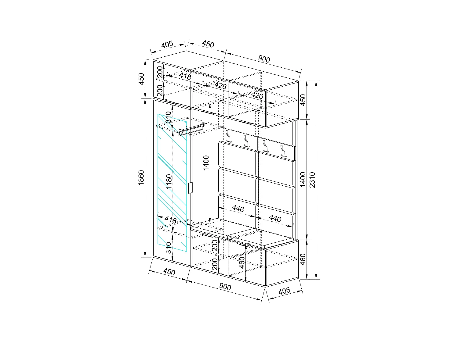 Mobile per ingresso design moderno appendiabiti 135x23 antracite e rovere II16