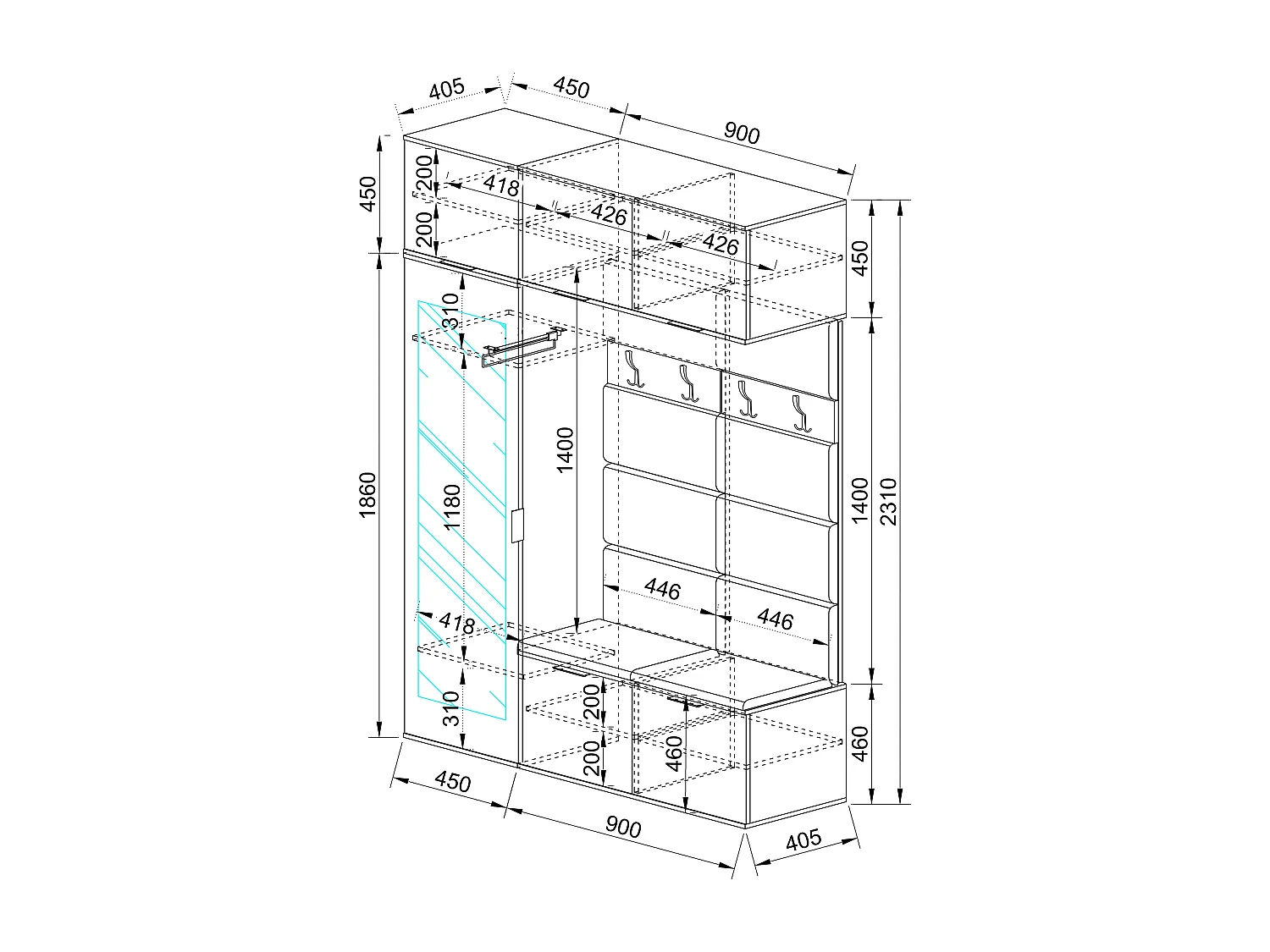 Mobile per ingresso design moderno appendiabiti 135x23 antracite e rovere II16