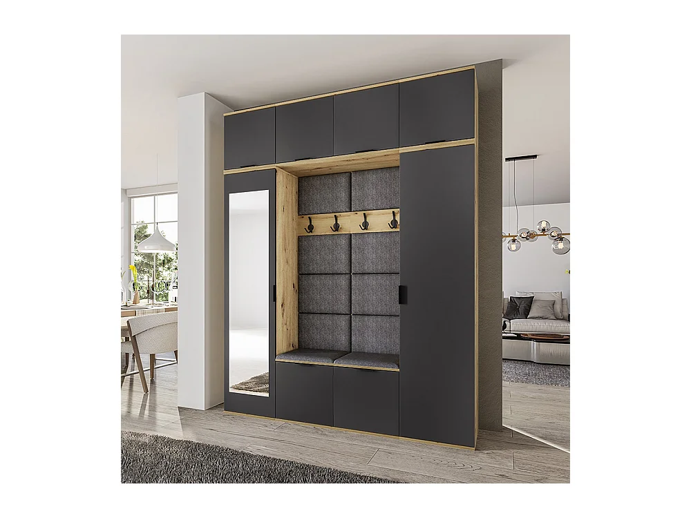 Mobile per ingresso moderno 180x229 cm rovere e grafite con specchio e seduta imbottita II24