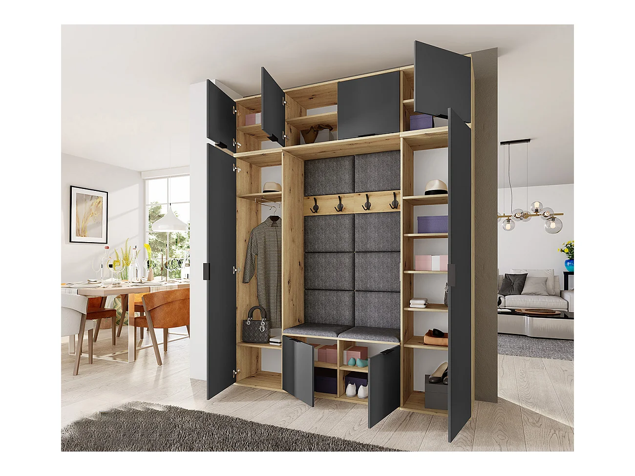 Mobile per ingresso moderno 180x229 cm rovere e grafite con specchio e seduta imbottita II24