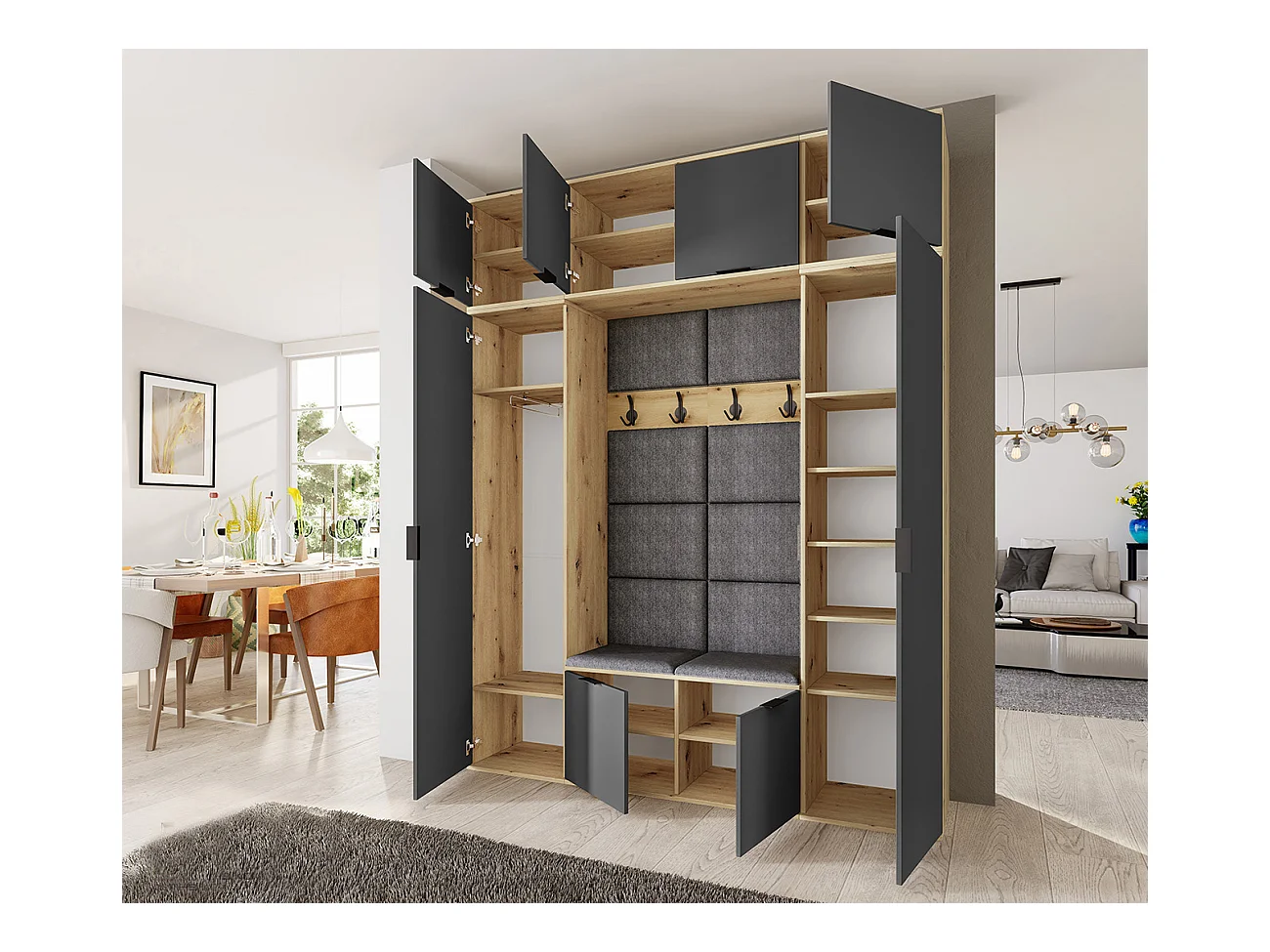 Mobile per ingresso moderno 180x229 cm rovere e grafite con specchio e seduta imbottita II24