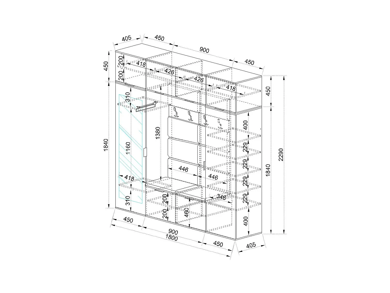 Mobile per ingresso moderno 180x229 cm rovere e grafite con specchio e seduta imbottita II24