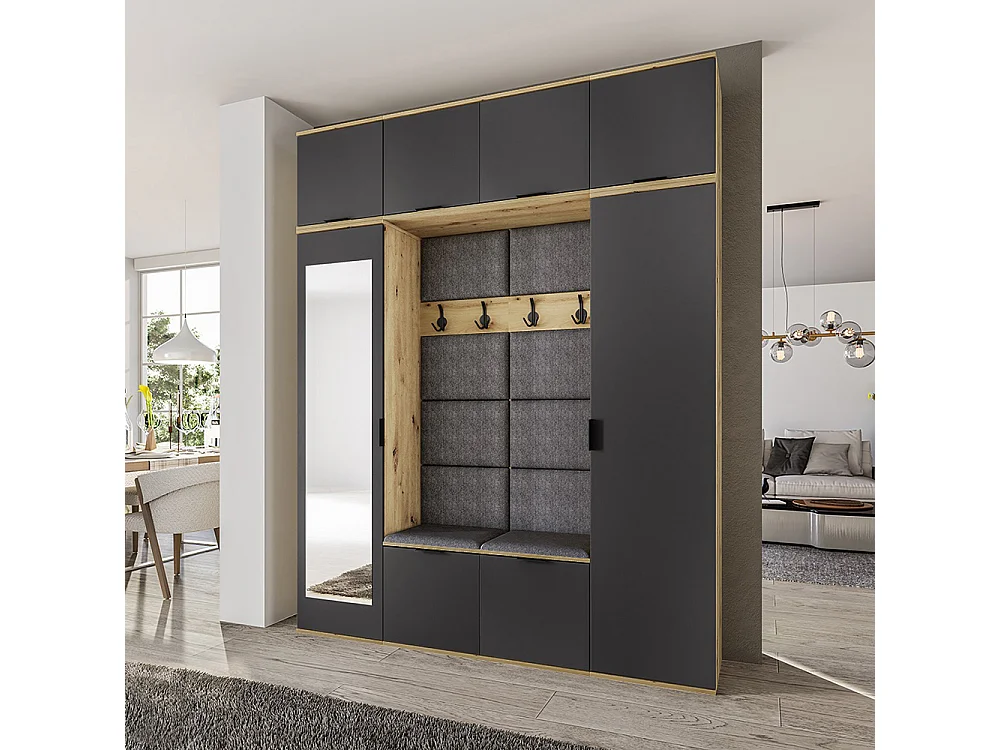 Mobile per ingresso moderno 180x229 cm rovere e grafite con specchio e seduta imbottita II24