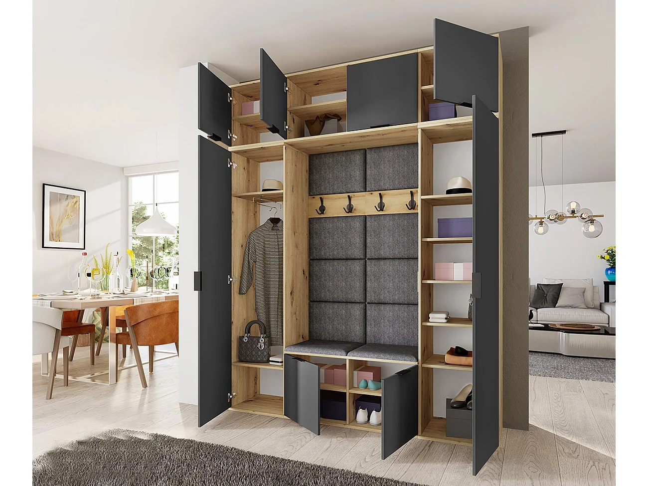 Mobile per ingresso moderno 180x229 cm rovere e grafite con specchio e seduta imbottita II24