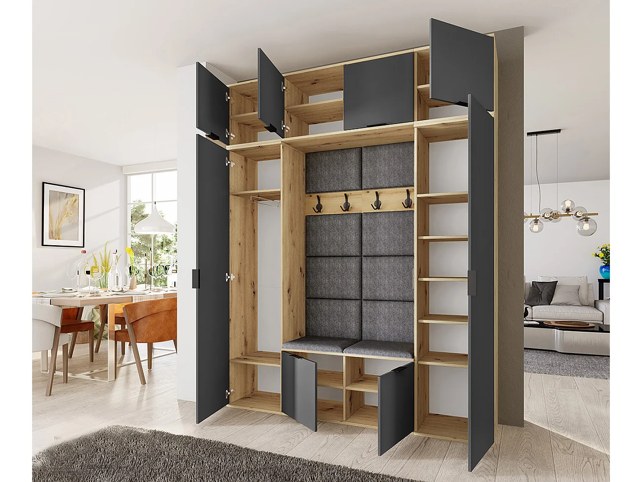 Mobile per ingresso moderno 180x229 cm rovere e grafite con specchio e seduta imbottita II24