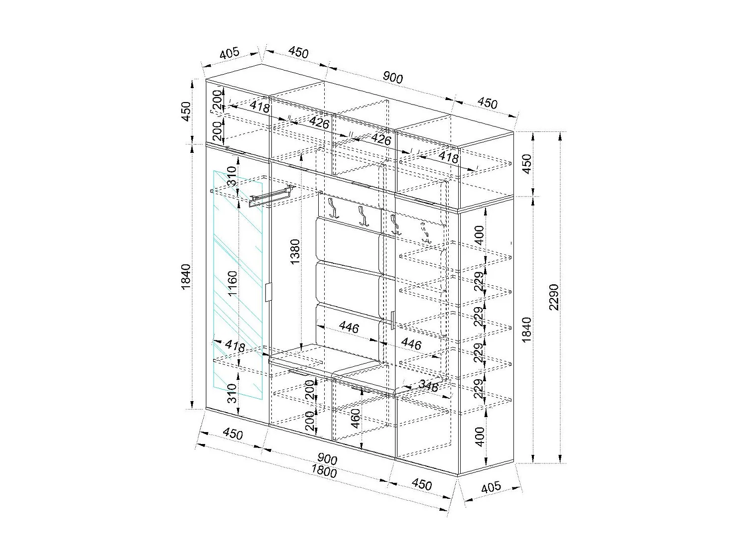 Mobile per ingresso moderno 180x229 cm rovere e grafite con specchio e seduta imbottita II24