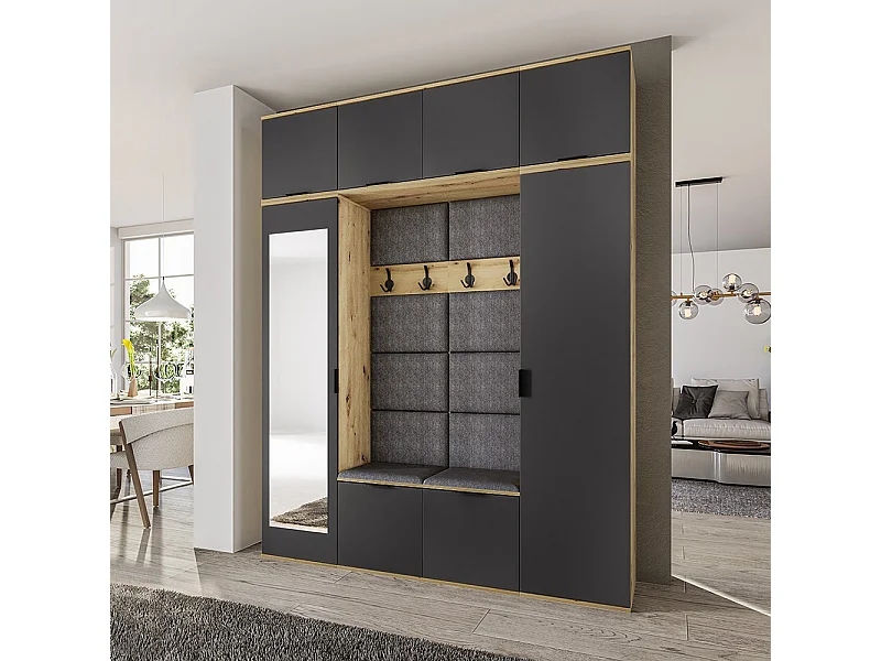 Mobile per ingresso moderno 180x229 cm rovere e grafite con specchio e seduta imbottita II24