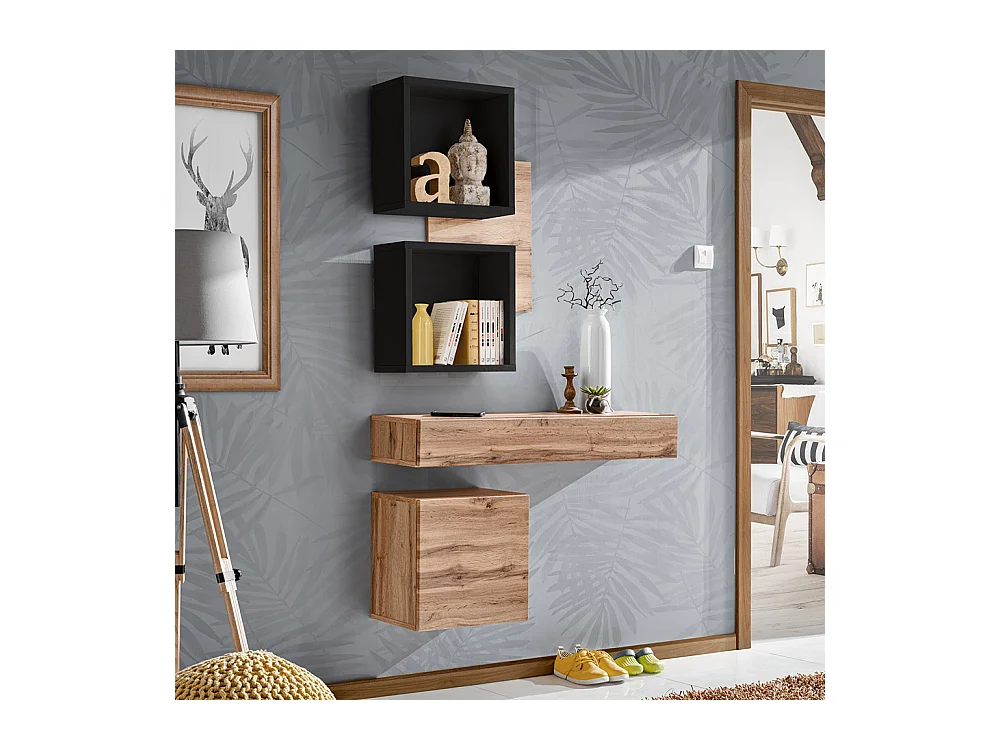 Mobile ingresso 100x170cm sospeso con pensili a giorno design moderno rovere e nero IP3