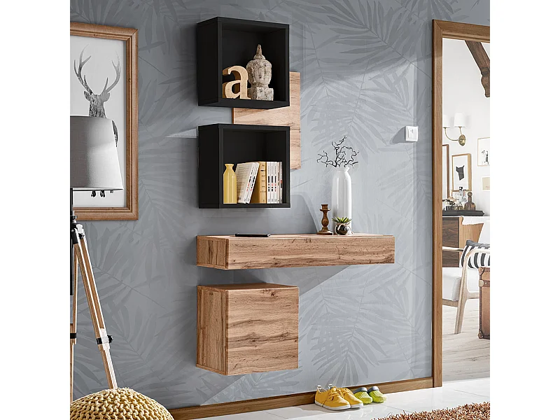 Mobile ingresso 100x170cm sospeso con pensili a giorno design moderno rovere e nero IP3