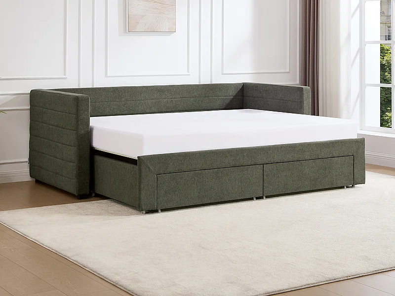 Lit banquette 2 x 80 x 200 cm - Avec sommier peigne et tiroirs - Tissu texturé - Vert - CAMITY