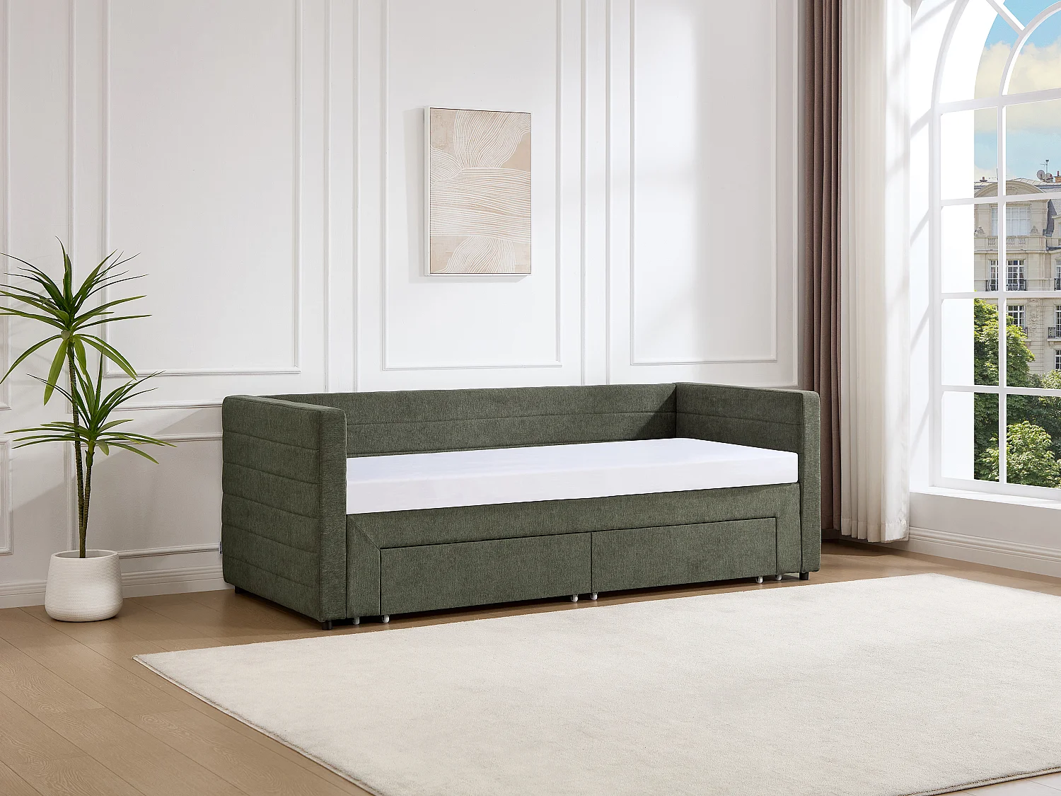 Lit banquette 2 x 80 x 200 cm - Avec sommier peigne et tiroirs - Tissu texturé - Vert - CAMITY
