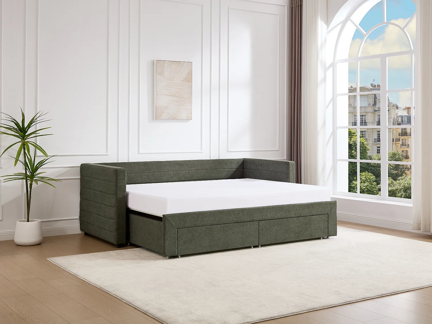 Lit banquette 2 x 80 x 200 cm - Avec sommier peigne et tiroirs - Tissu texturé - Vert - CAMITY