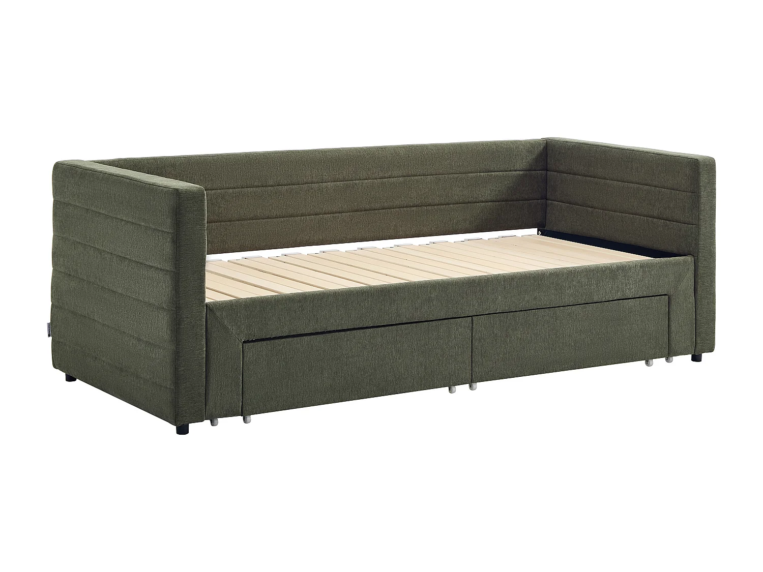 Lit banquette 2 x 80 x 200 cm - Avec sommier peigne et tiroirs - Tissu texturé - Vert - CAMITY