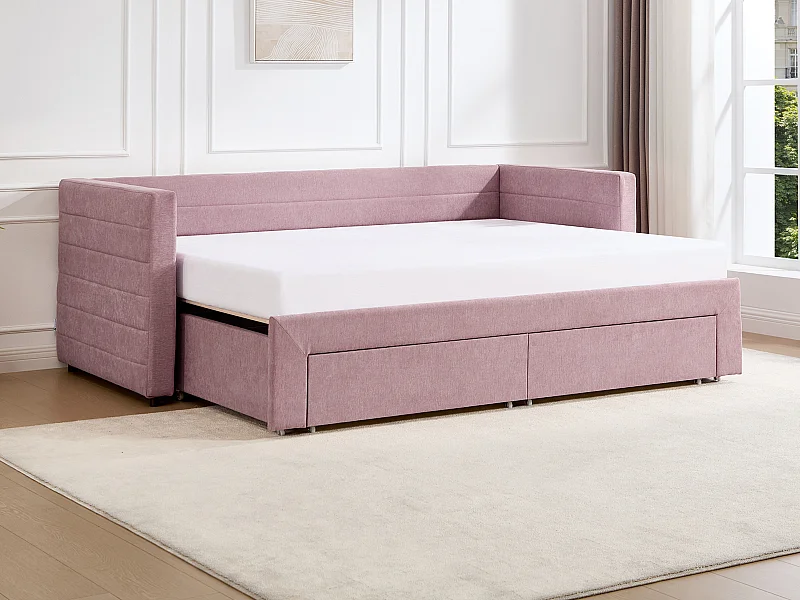 Lit banquette 2 x 80 x 200 cm - Avec sommier peigne et tiroirs - Tissu texturé - Rose - CAMITY
