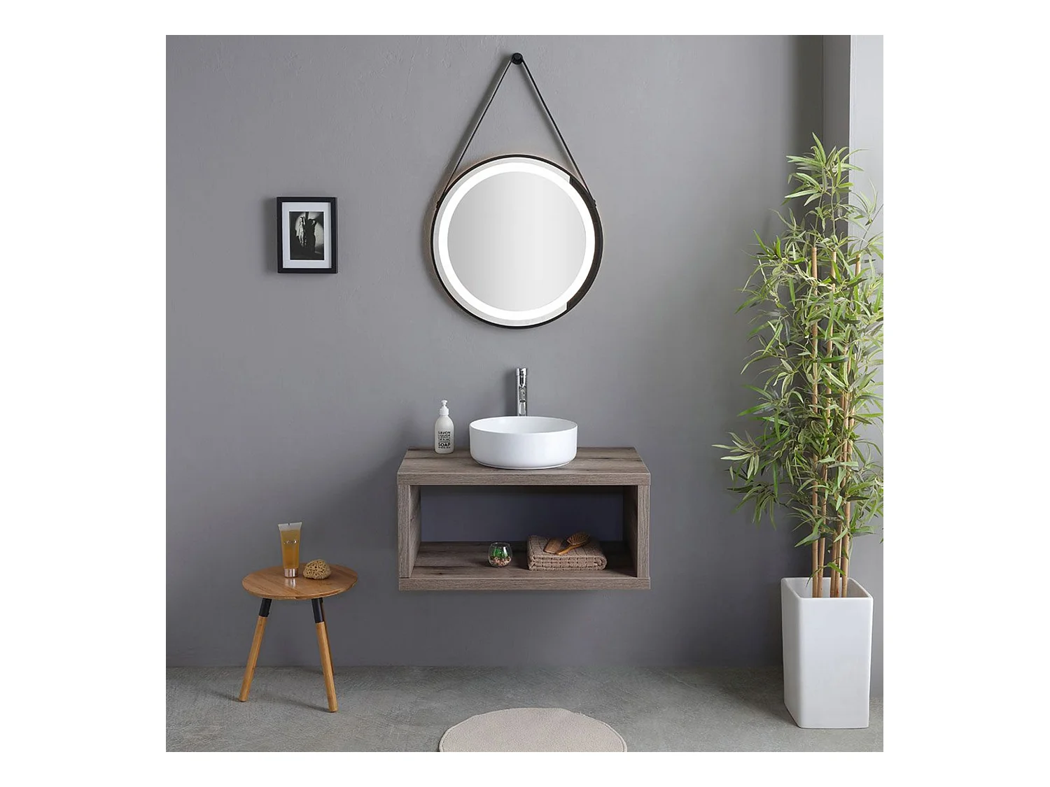Meuble de salle de bain suspendu « Paros » 80 cm en chêne fossile avec vasque ronde blanche et miroir