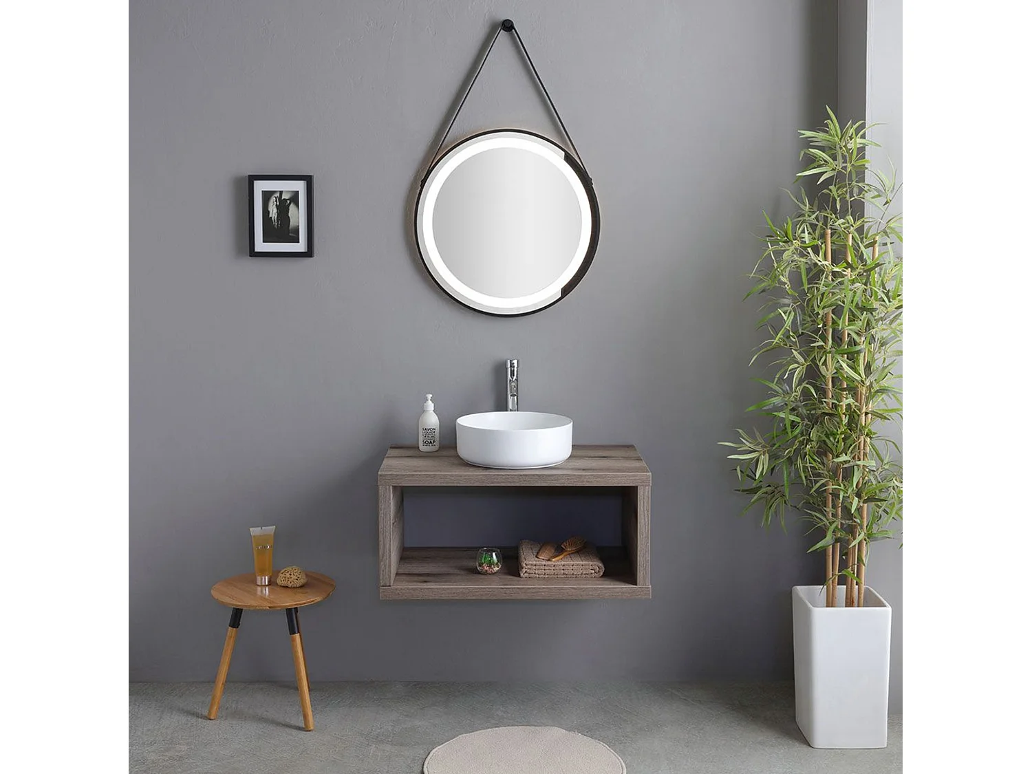 Mobile da bagno sospeso "Paros" 80 cm rovere fossile con lavabo tondo bianco e specchio
