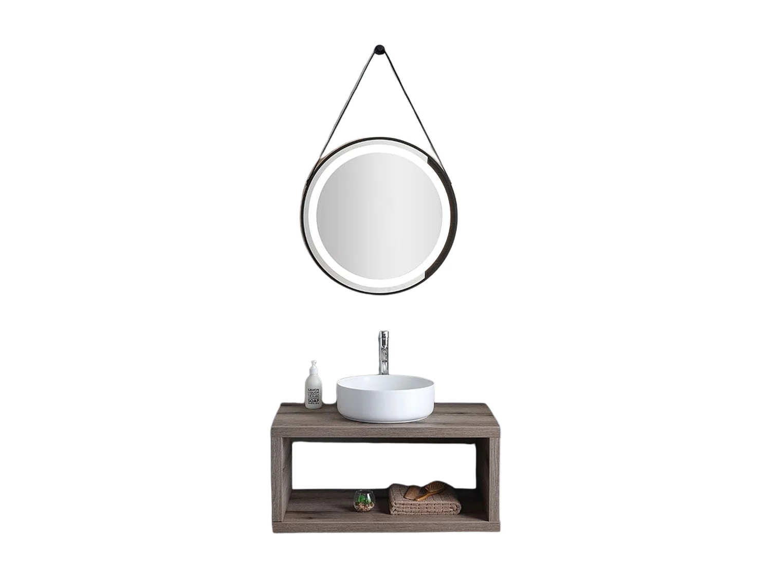 Mobile da bagno sospeso "Paros" 80 cm rovere fossile con lavabo tondo bianco e specchio