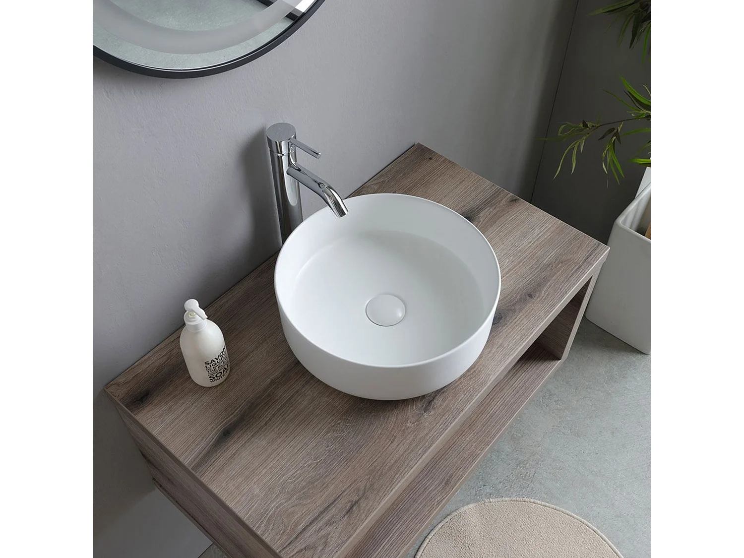 Mobile da bagno sospeso "Paros" 80 cm rovere fossile con lavabo tondo bianco e specchio