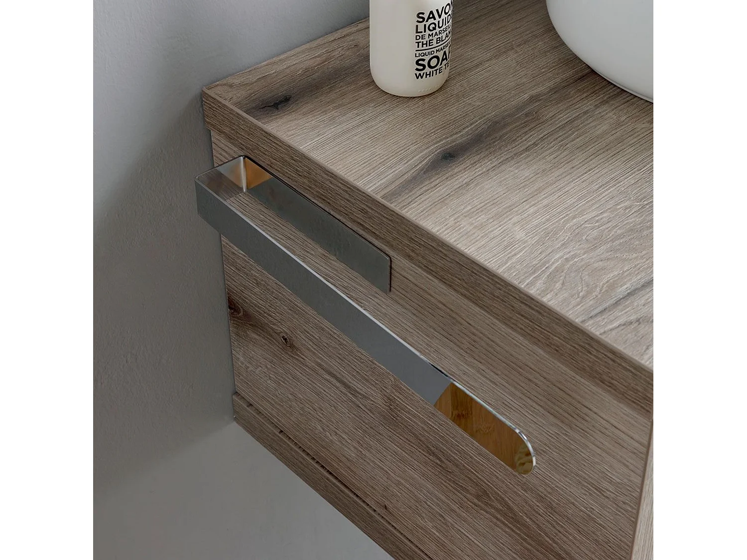 Mobile da bagno sospeso "Paros" 80 cm rovere fossile con lavabo tondo bianco e specchio