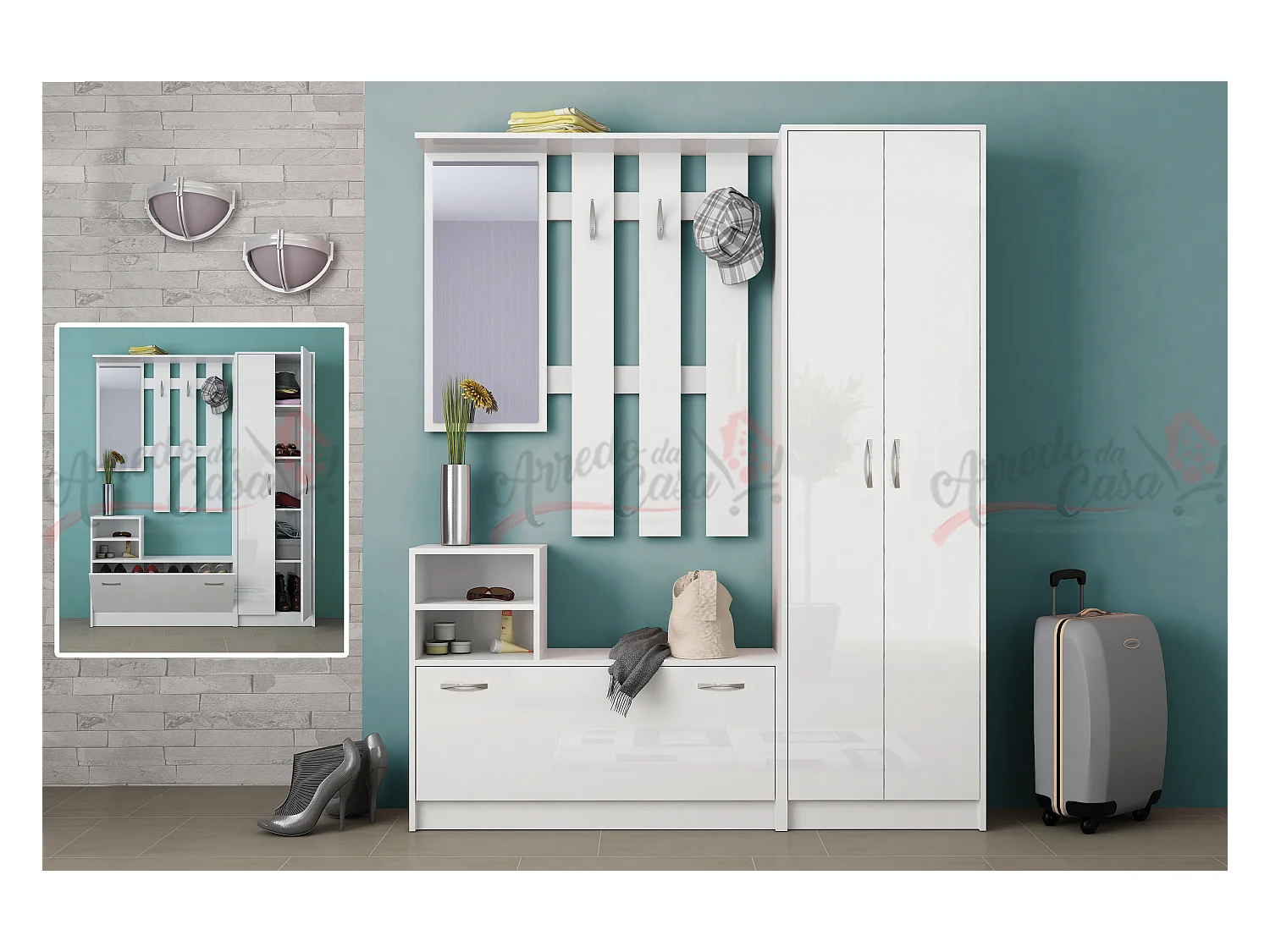 Mobile con specchio e appendiabiti bianco lucido IG8