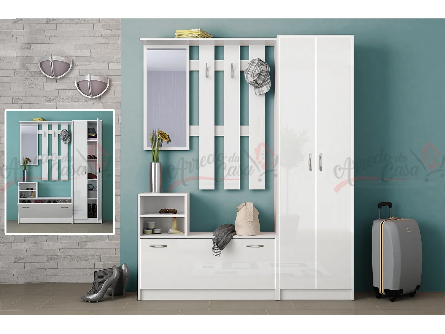 Mobile con specchio e appendiabiti bianco lucido IG8