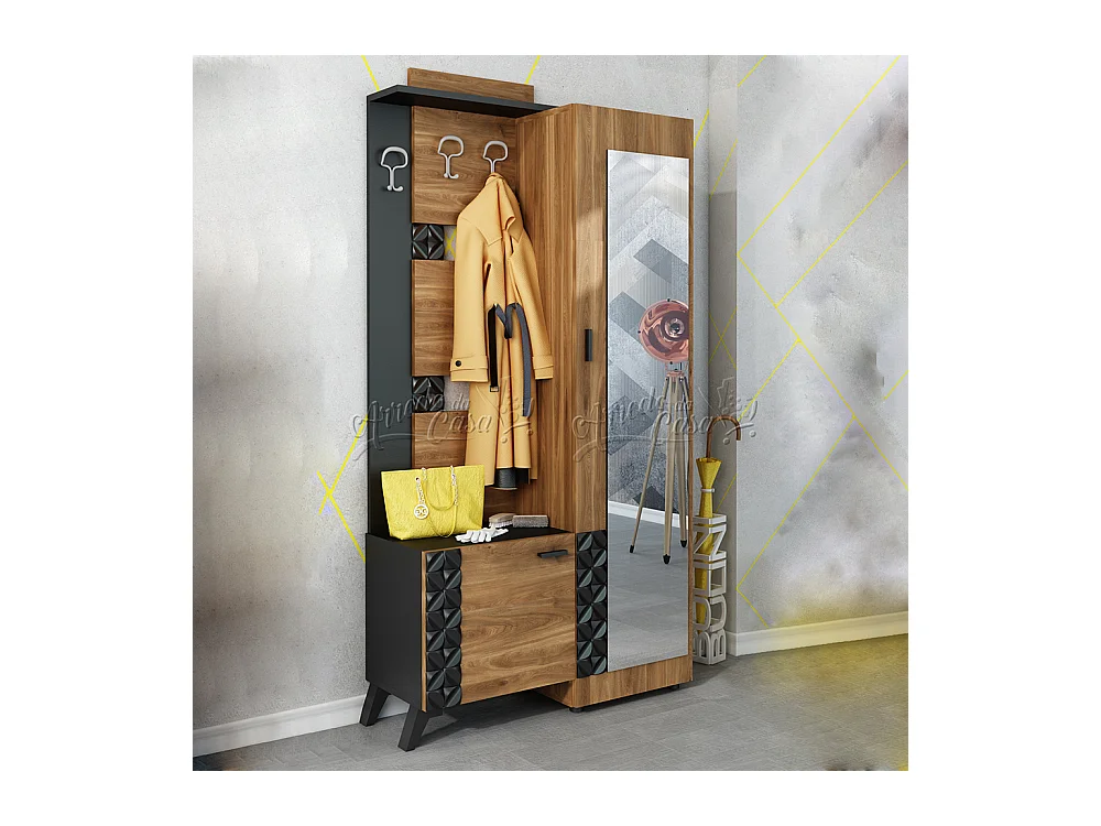 Mobile da ingresso con specchio 104x198,5 nero e castagno naturale IU24