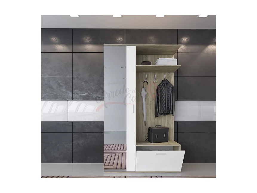 Mobile scarpiera per ingresso con specchio 120x200 bianco e rovere chiaro II4006
