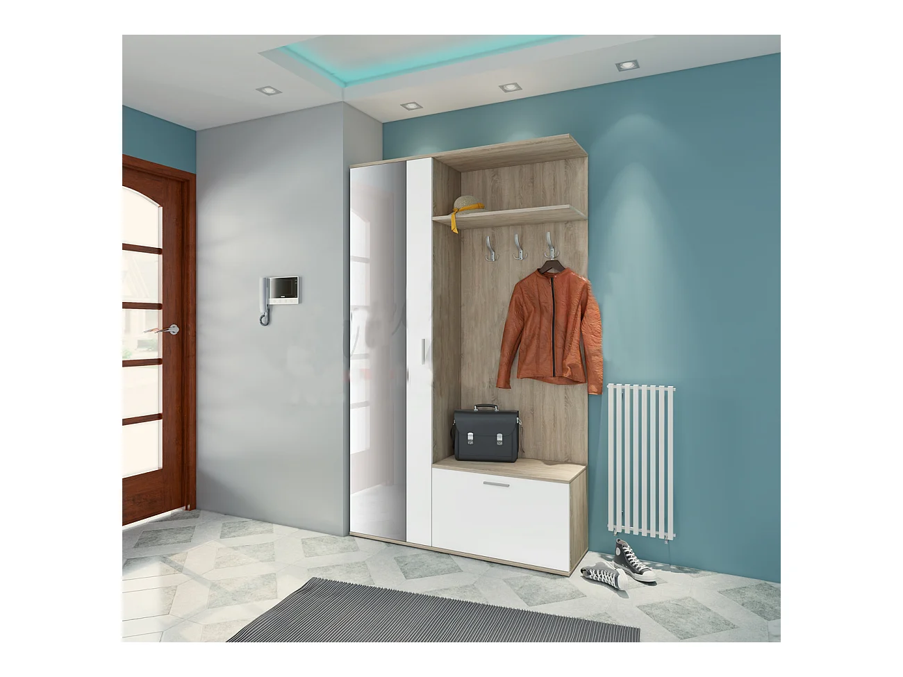 Mobile scarpiera per ingresso con specchio 120x200 bianco e rovere chiaro II4006