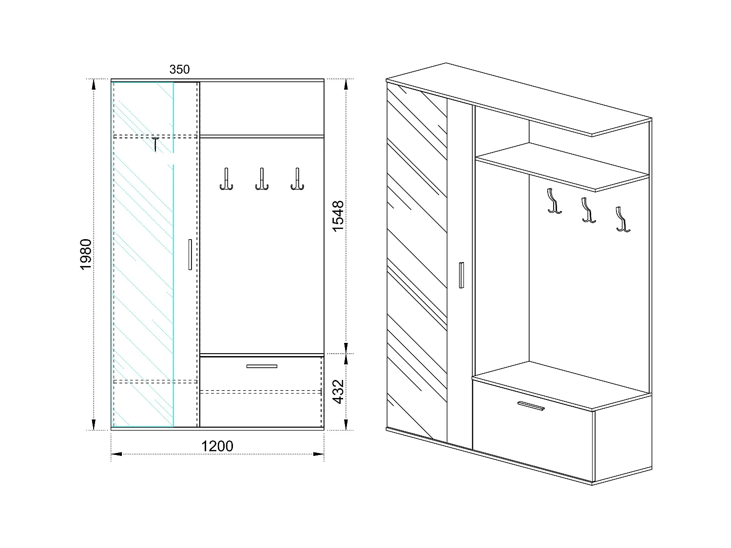 Mobile scarpiera per ingresso con specchio 120x200 bianco e rovere chiaro II4006