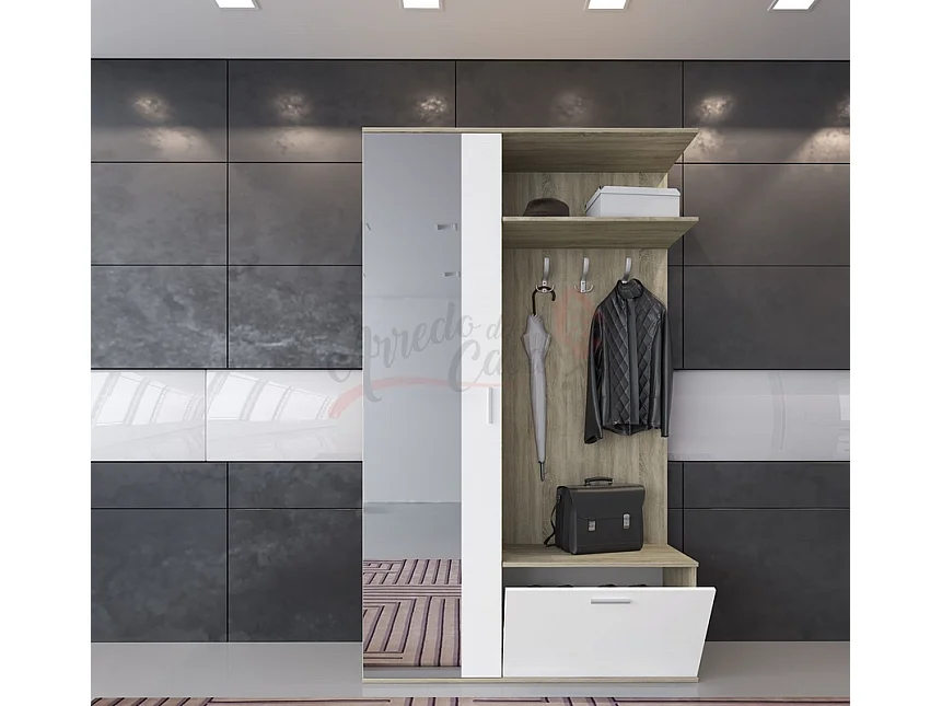Mobile scarpiera per ingresso con specchio 120x200 bianco e rovere chiaro II4006