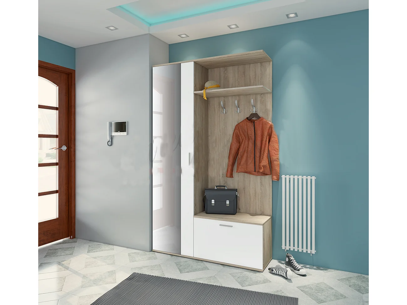 Mobile scarpiera per ingresso con specchio 120x200 bianco e rovere chiaro II4006