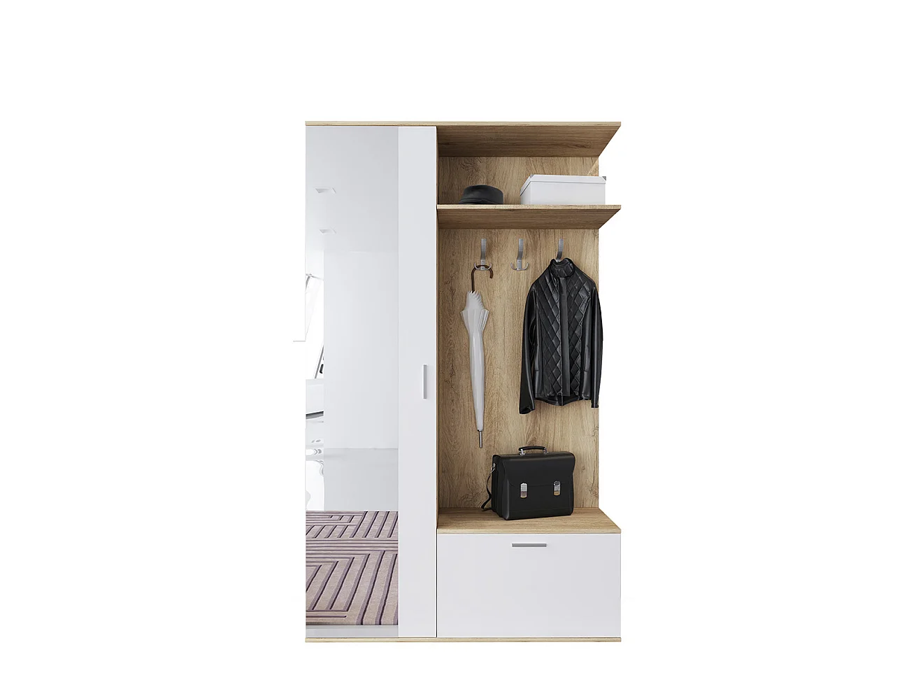 Mobile scarpiera per ingresso con specchio 120x200 bianco e rovere chiaro II4006