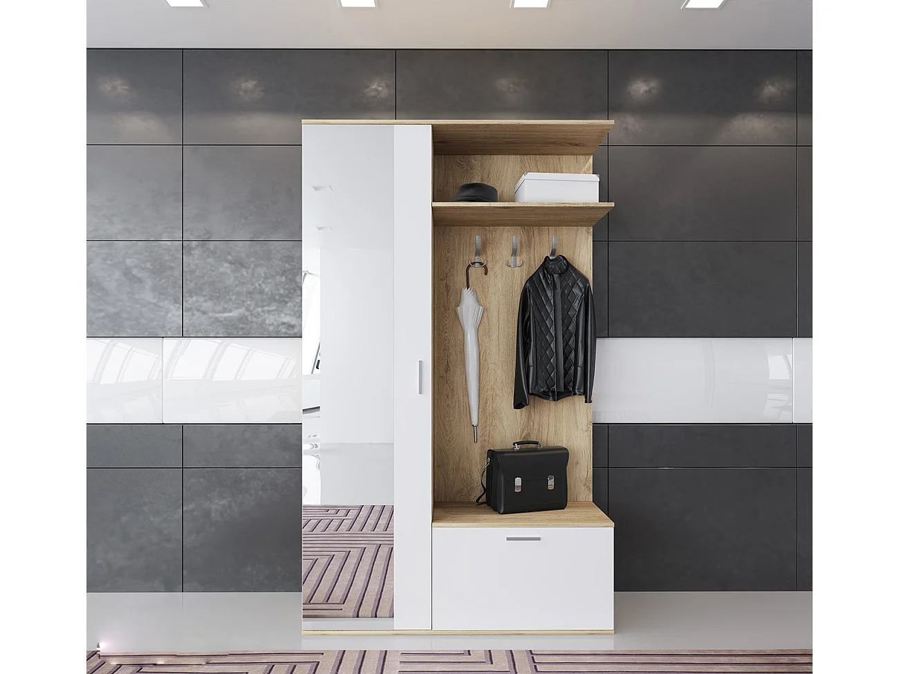 Mobile scarpiera per ingresso con specchio 120x200 bianco e rovere chiaro II4006