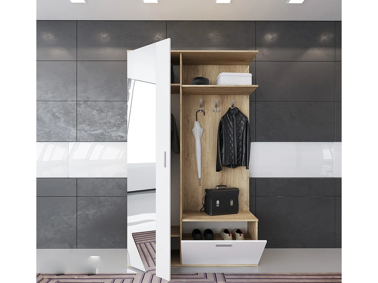 Mobile scarpiera per ingresso con specchio 120x200 bianco e rovere chiaro II4006