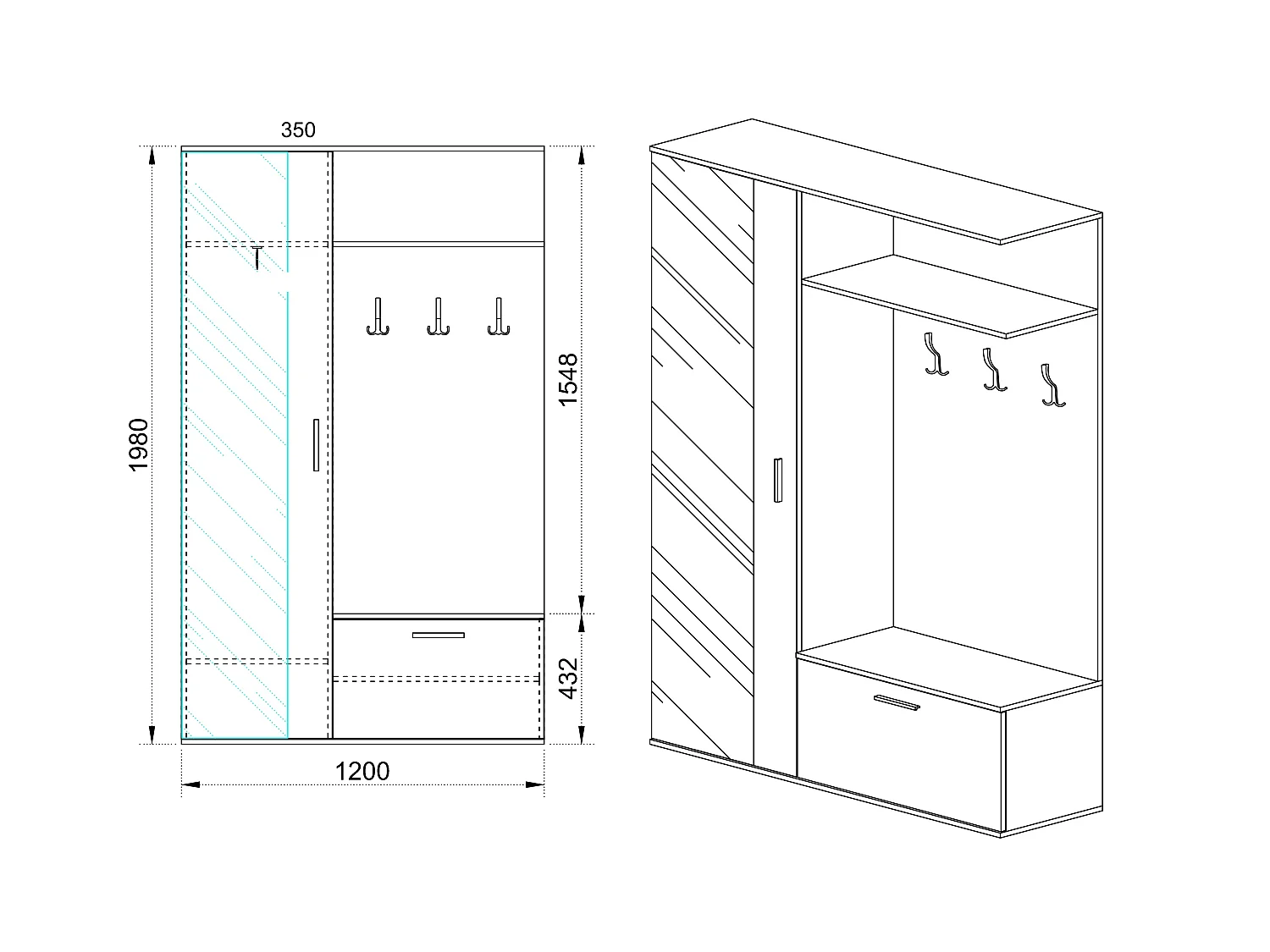 Mobile scarpiera per ingresso con specchio 120x200 bianco e rovere chiaro II4006