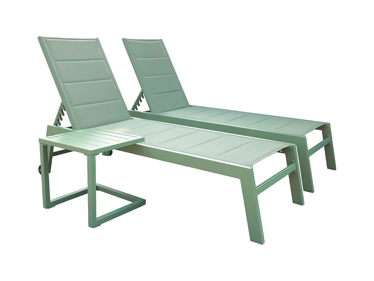 Lote de 2 tumbonas y mesa auxiliar BARBADOS de textileno verde salvia - aluminio verde salvia