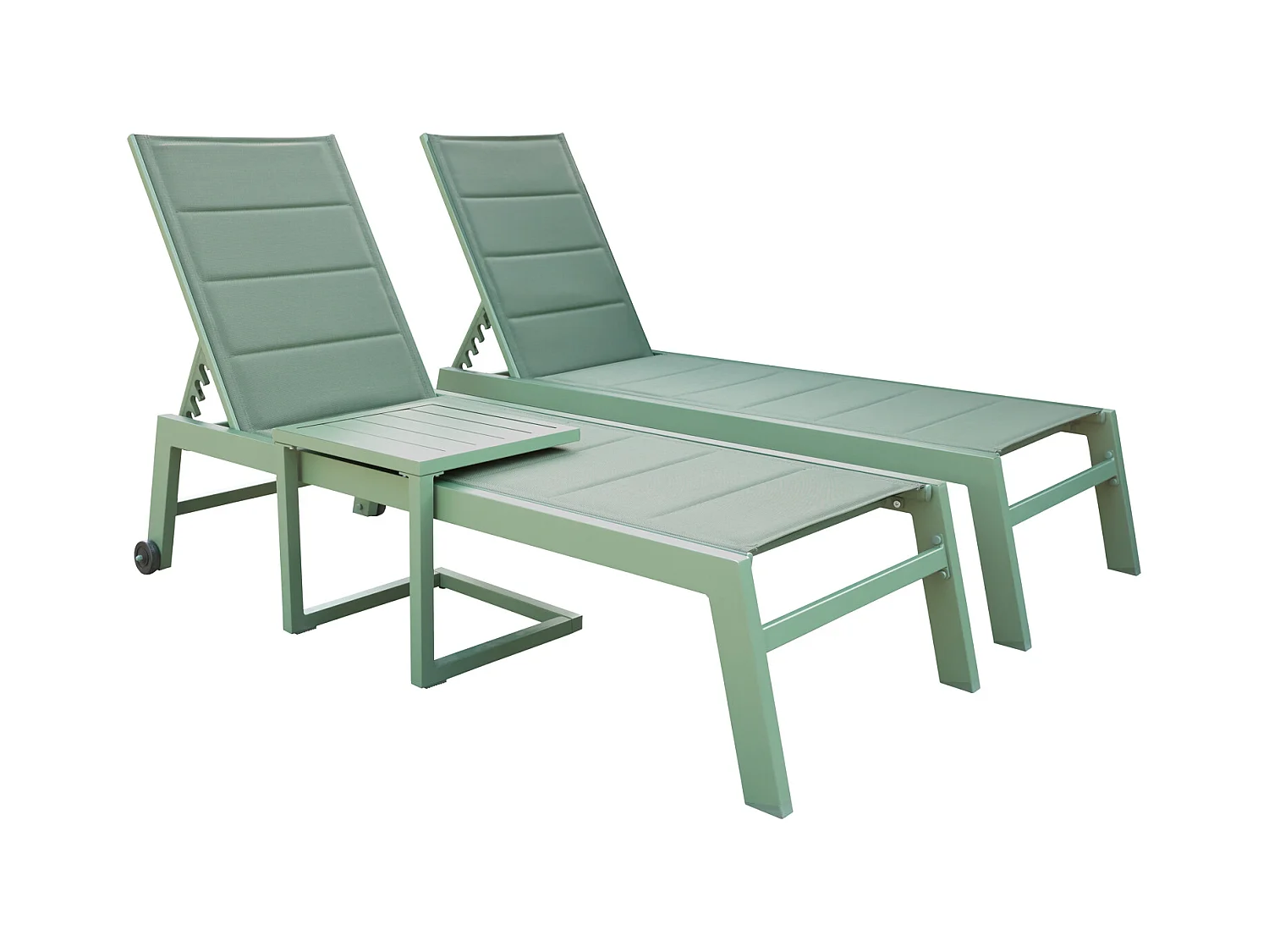Lote de 2 tumbonas y mesa auxiliar BARBADOS de textileno verde salvia - aluminio verde salvia